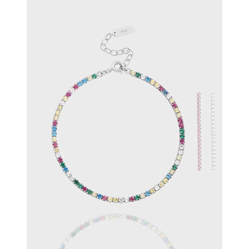 Polished sterling silver rainbow stones bracelet with an adjustable extender and clasp.