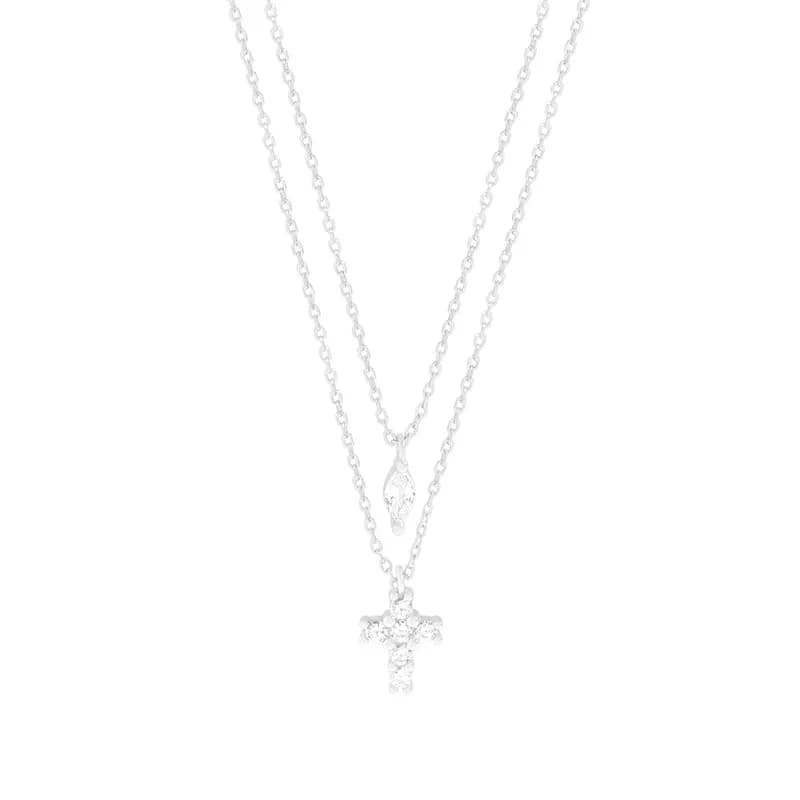 Layered Crystal Cross Necklace in Silver — Sterling silver