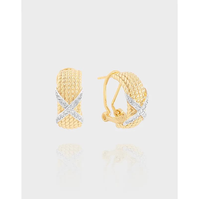 Polished sterling silver rope-textured crossover hoop earrings with a pavé X band.