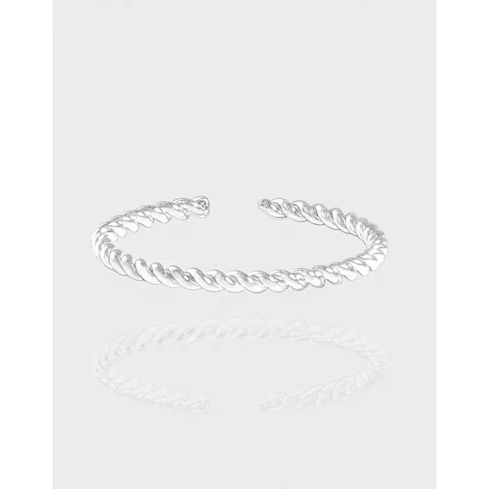 Open-ended sterling silver twisted rope ring displayed on a light gray background.