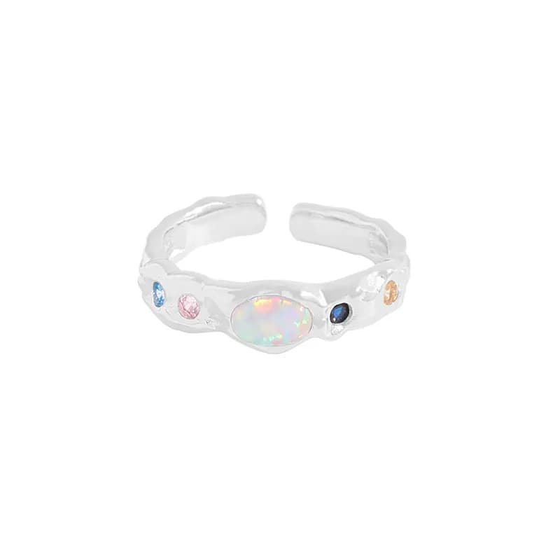 Opal-Accent Textured Ring in Platinum — Sterling silver