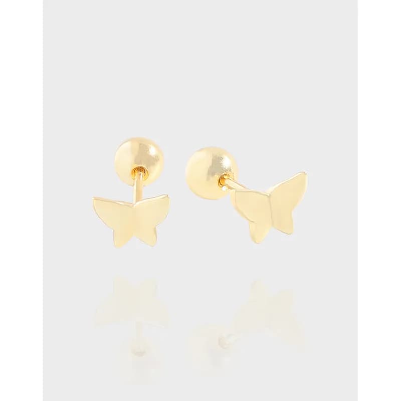 Polished sterling silver butterfly-shaped earring with a round stud and hanging butterfly charm