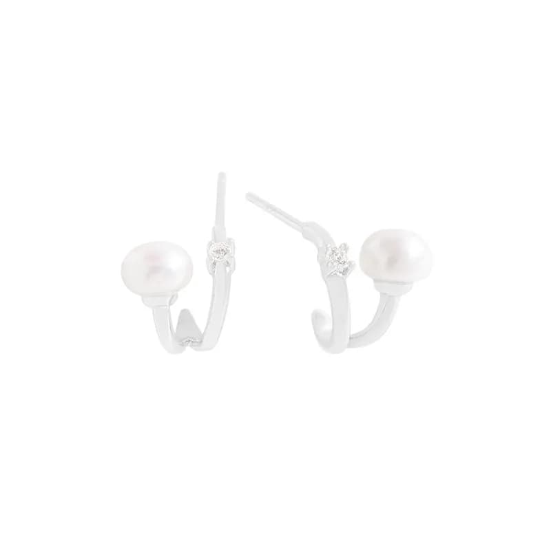 Pearl Curve Hoop Earrings in Platinum — Sterling silver