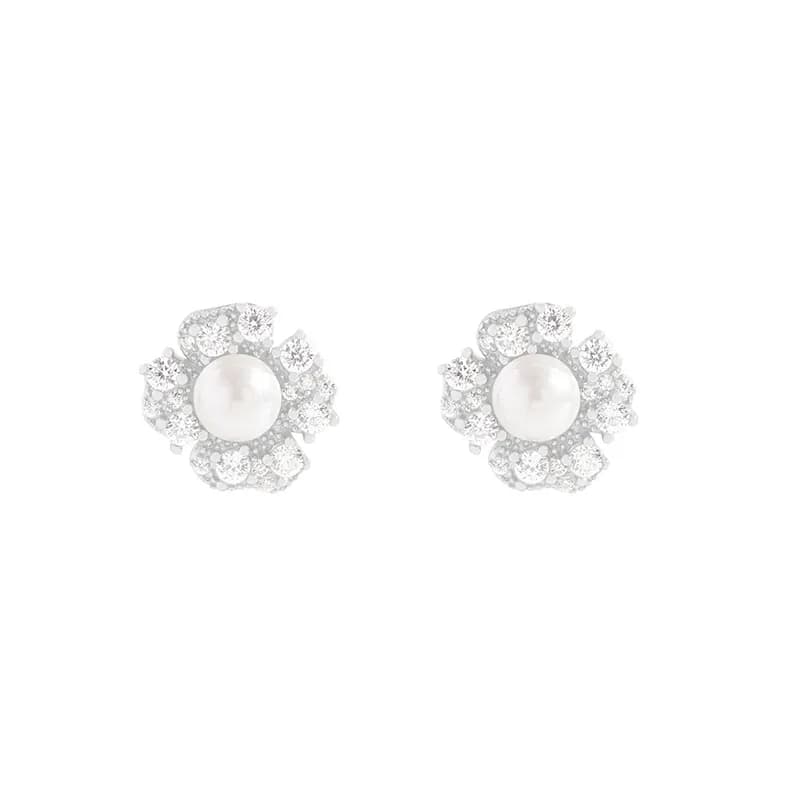 Pearl Halo Stud Earrings in Platinum — Sterling silver