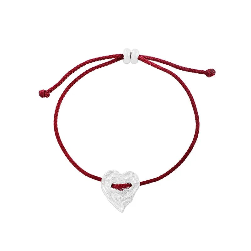 Heart Charm Cord Bracelet in Red — Sterling silver