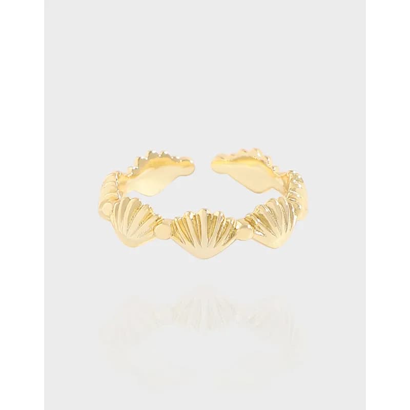 Polished sterling silver ring with three connected shell-shaped segments on an open band.