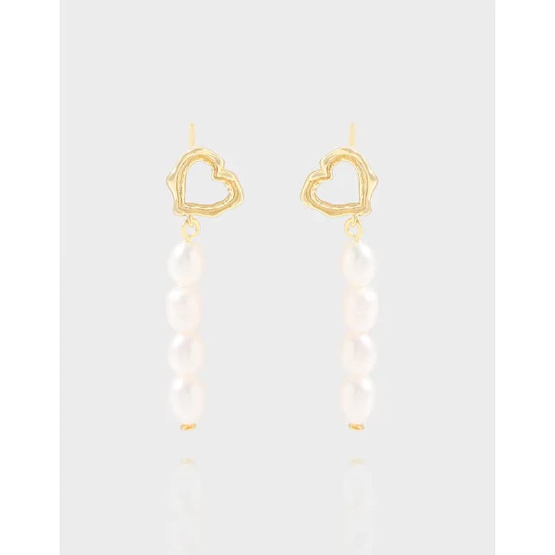 Polished sterling silver heart outline studs with three hanging pearls as a dangling earring design.