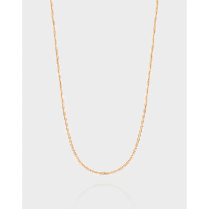 Slim polished sterling silver necklace hangs in a curved line against a light background.