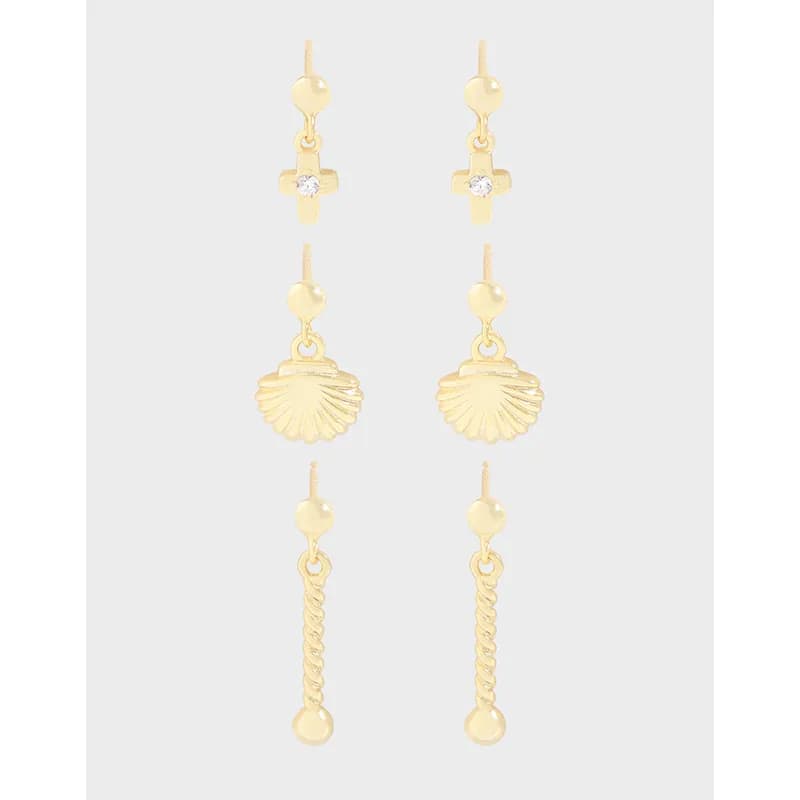 Polished sterling silver earrings with a cross charm, shell disc, and rope-chain drop