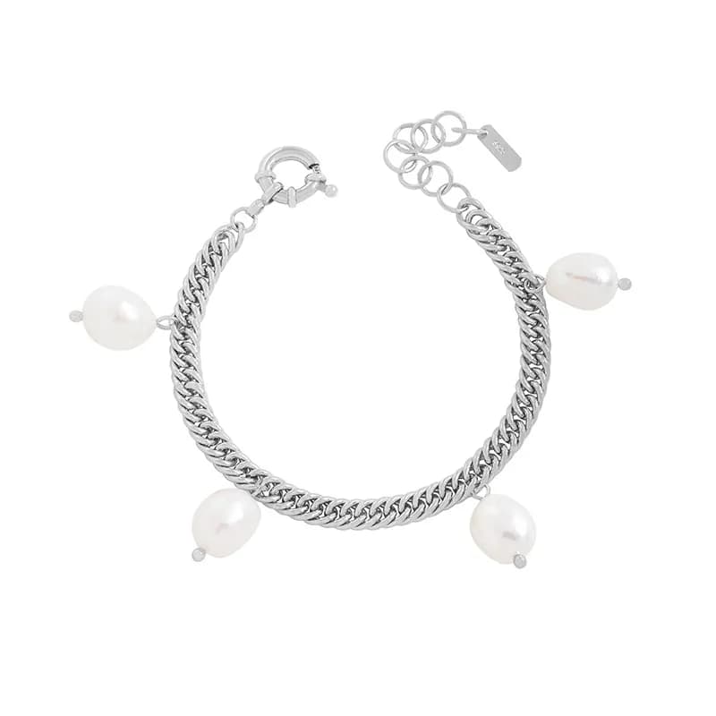 Pearl Drop Curb Bracelet in Platinum — Sterling silver