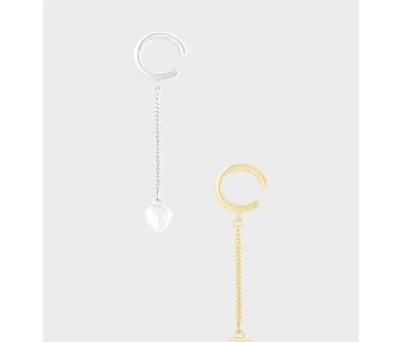 Polished chain-drop hoop earrings with a small heart charm in silver and gold-tone variants.