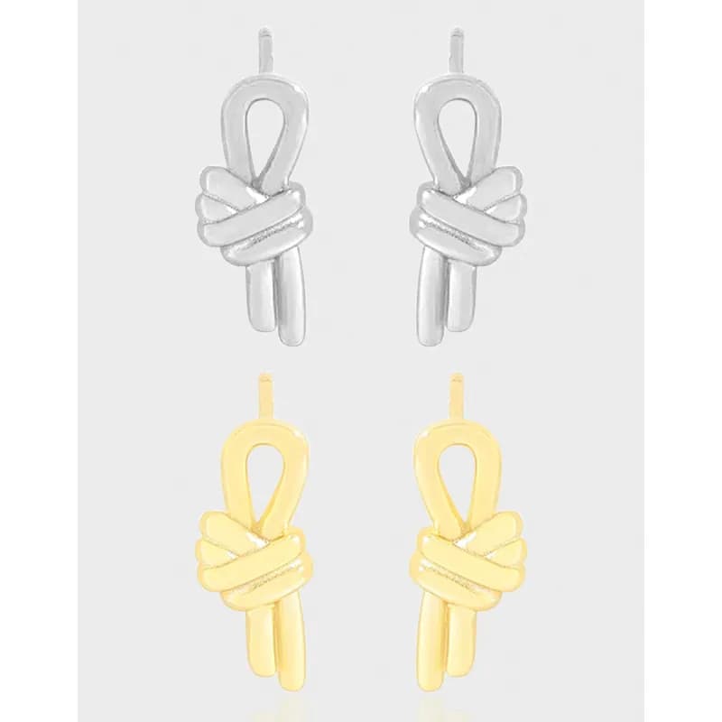 Polished knot-wrapped earring pair in silver and gold tones with a looped top and wrapped strand design.