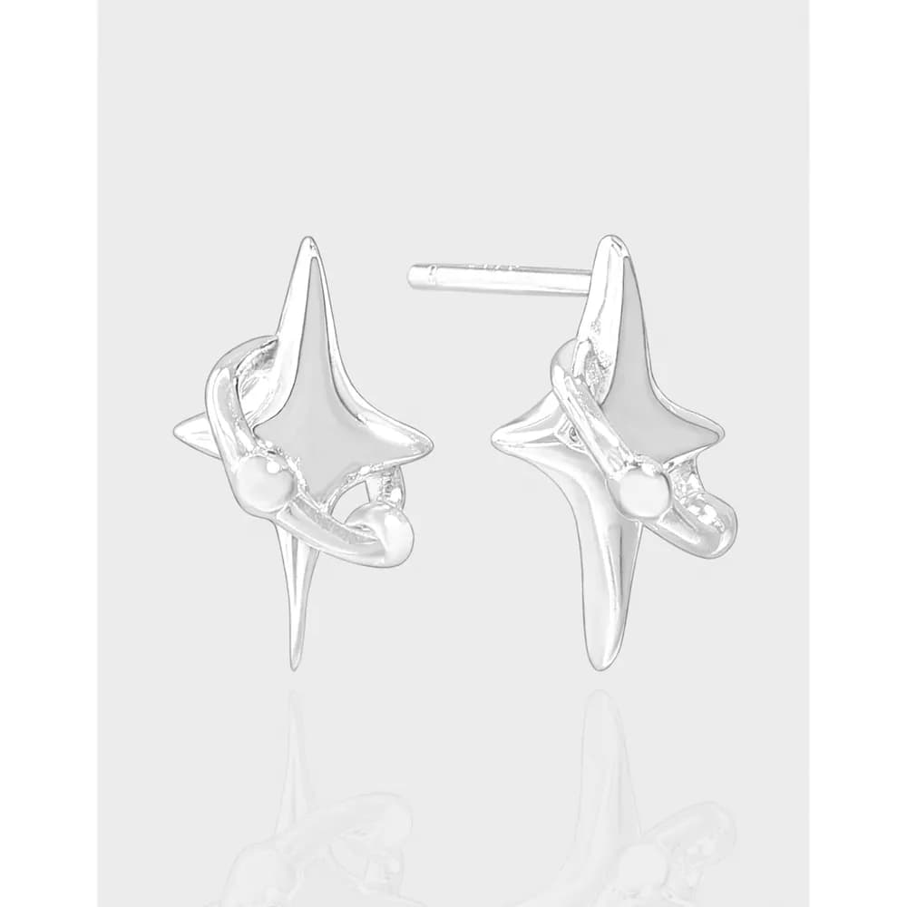 Polished sterling silver starburst stud earrings with a curved ribbon motif and post back