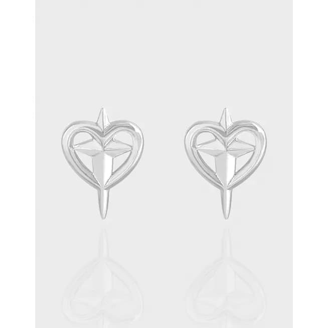Polished sterling silver heart-shaped earrings with geometric facets and a pointed drop detail