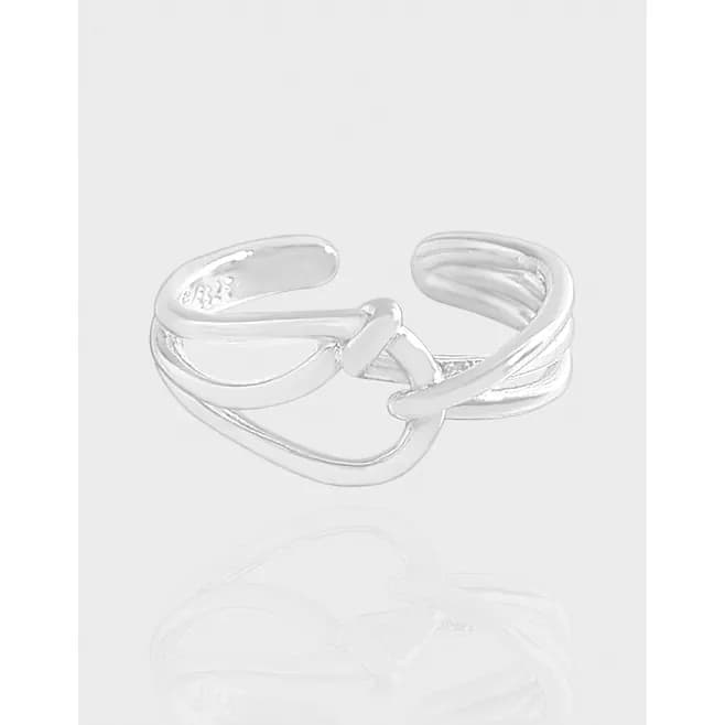 Polished sterling silver open-ended ring with two intertwined bands forming a loop