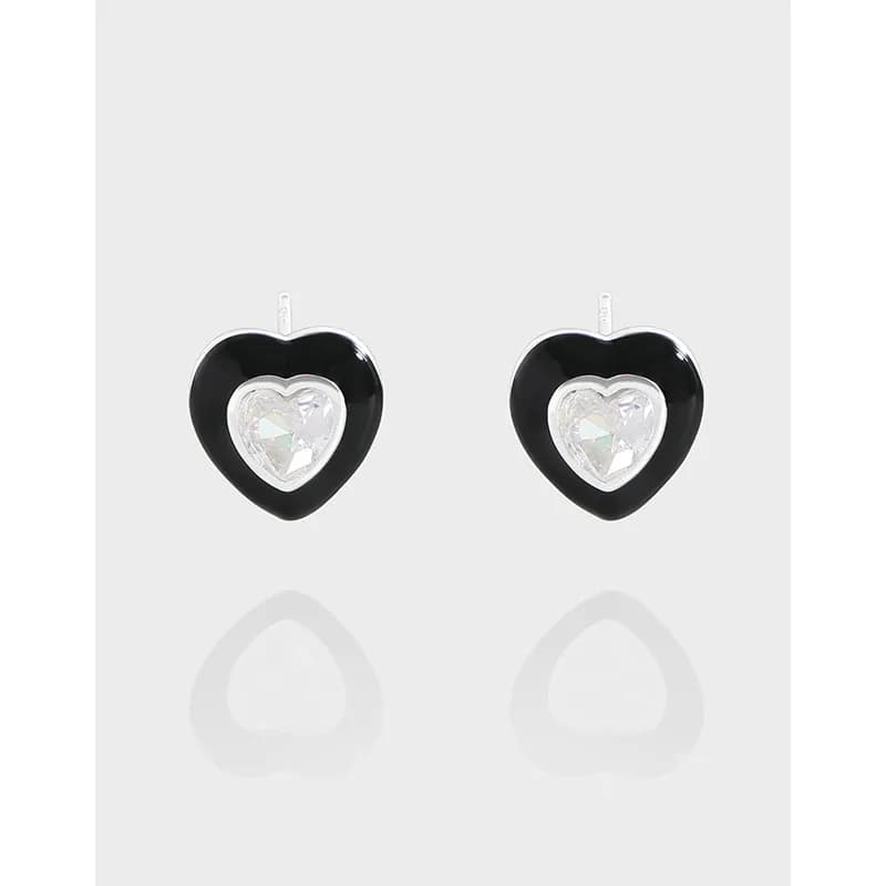 Pair of polished sterling silver heart enamel earrings with a clear crystal inner heart