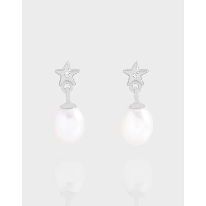 Polished sterling silver star studs with pearl drop charms