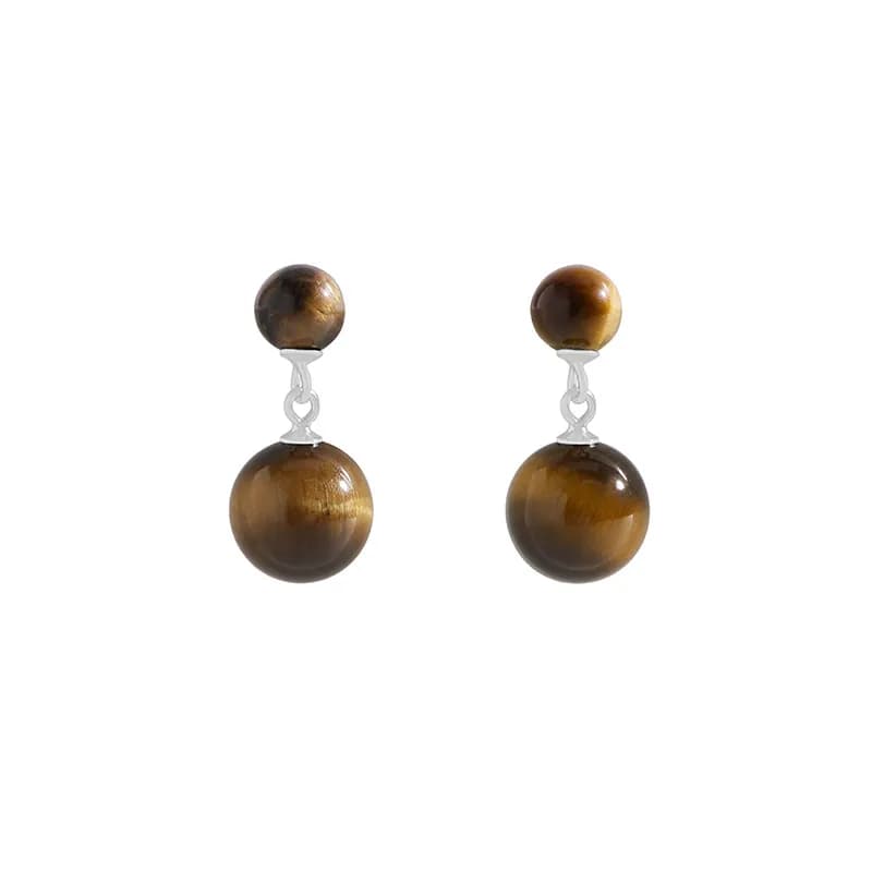 Tiger Eye Double-Bead Earrings in Platinum — Sterling silver