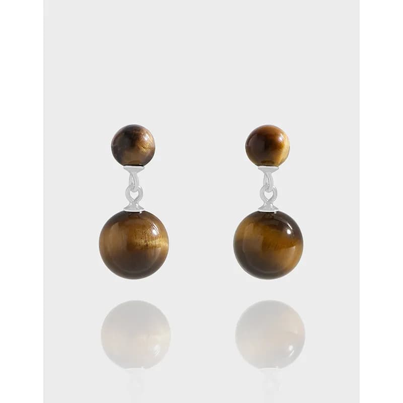 Two-tone Tiger Eye Double-Bead Earrings with silver connectors and posts