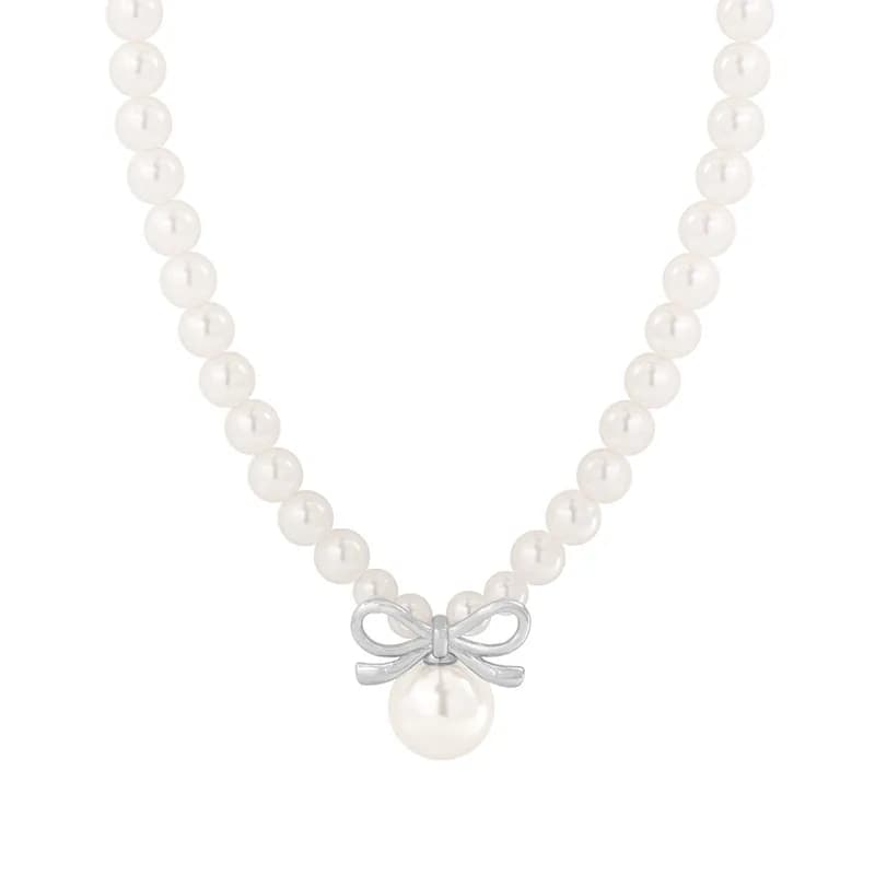 Pearl Bow Pendant Necklace in Platinum — Sterling silver