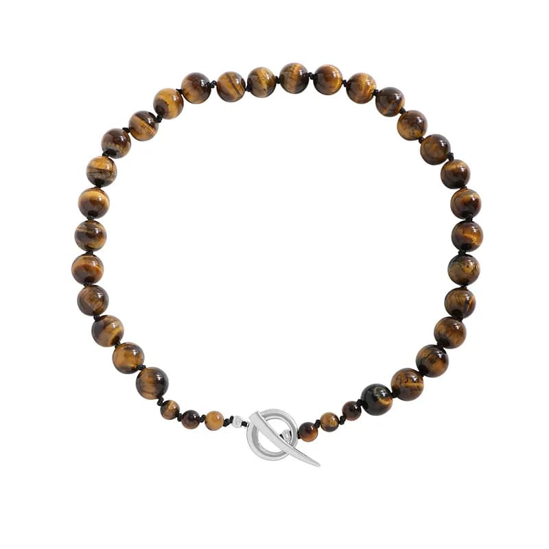 Tiger Eye Bead Necklace in Platinum — Sterling silver