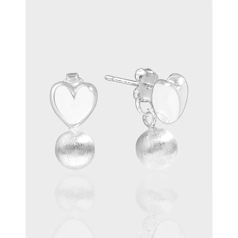 Sterling silver heart stud with a textured ball drop earring set