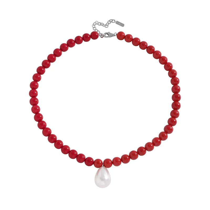 Red Bead Necklace in Platinum — Sterling silver