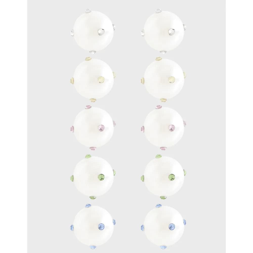 Pair of white pearl stud earrings with pastel colored stones around the edge on a light gray background.