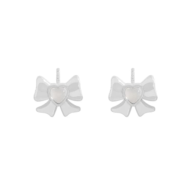 Bow Heart Stud Earrings in White Agate — Sterling silver