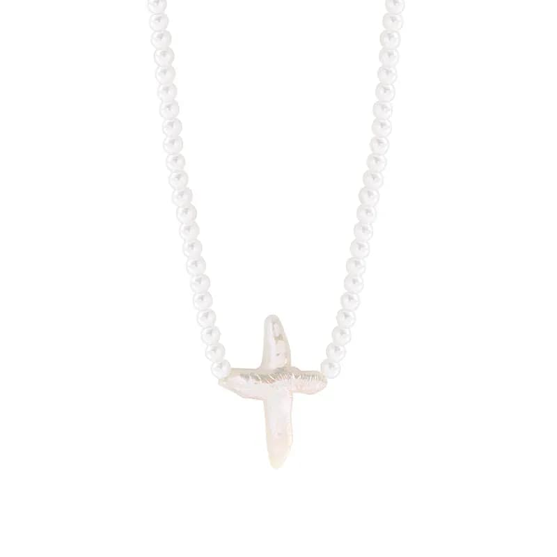 Pearl Cross Necklace in Platinum — Sterling silver