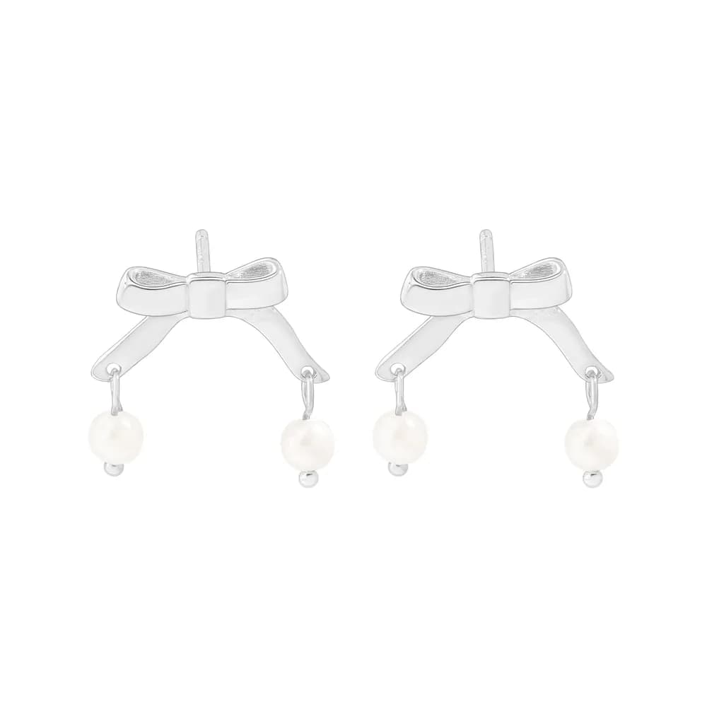 Bow Pearl Drop Earrings in Platinum — Sterling silver