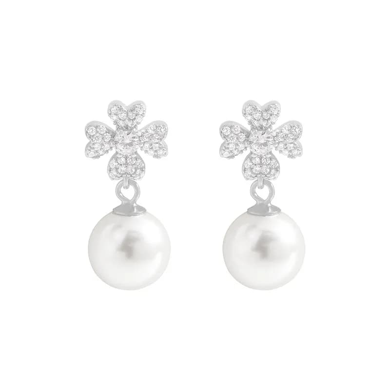 Clover Pavé Pearl Earrings in Platinum — Sterling silver