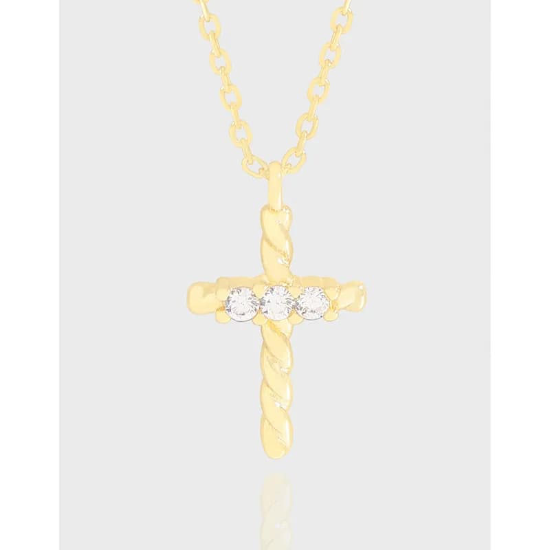 Sterling silver cross pendant with twisted rope texture and three stones on a polished chain.