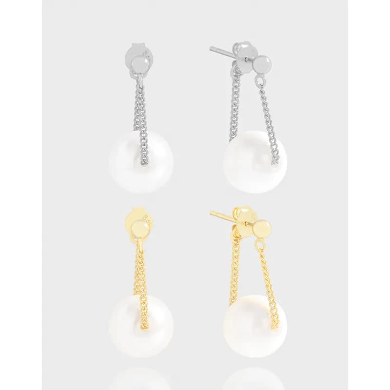 Polished silver Pearl Chain Earrings with a dangling pearl drop