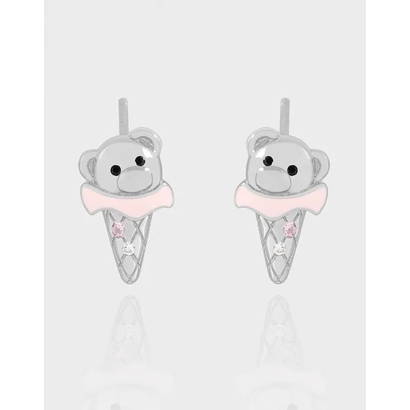 Polished sterling silver bear-faced ice cream cone earrings with pink enamel scoop and lattice cone, shown as a symmetrical pair