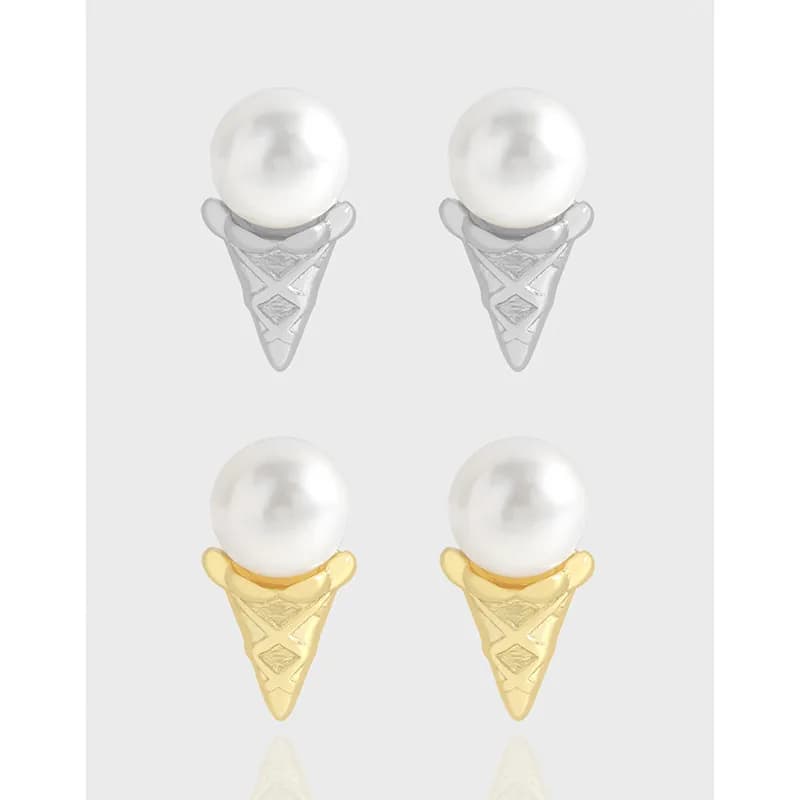 Pearl cone stud earrings with a lattice-pattern cone and a perched pearl in silver and gold-tone finishes.
