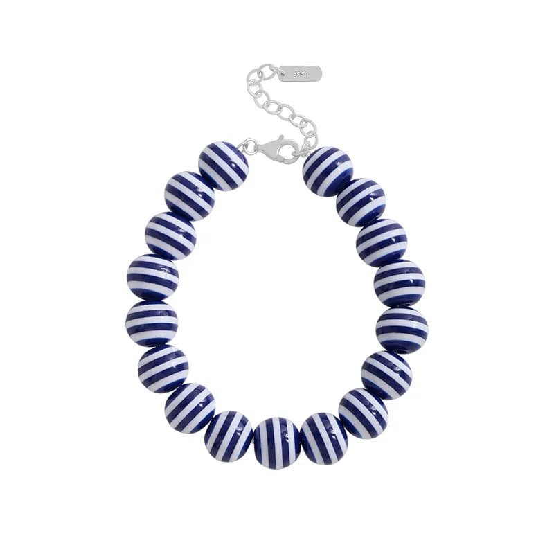 Blue Stripe Bead Bracelet in Platinum — Sterling silver