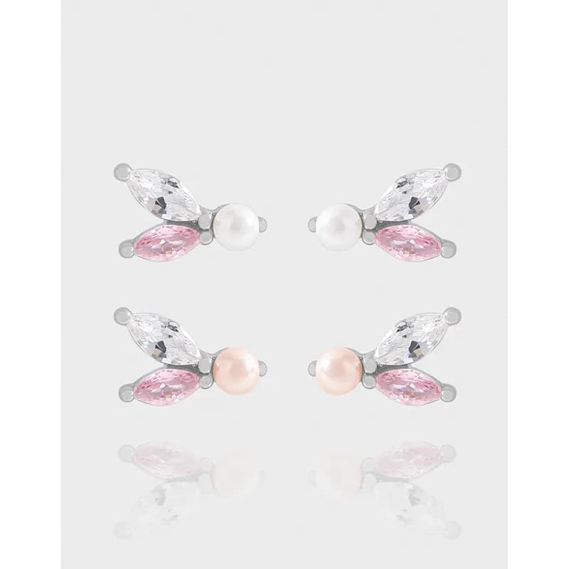 Polished sterling silver Petal cluster earrings with clear and pink marquise stones and a pearl