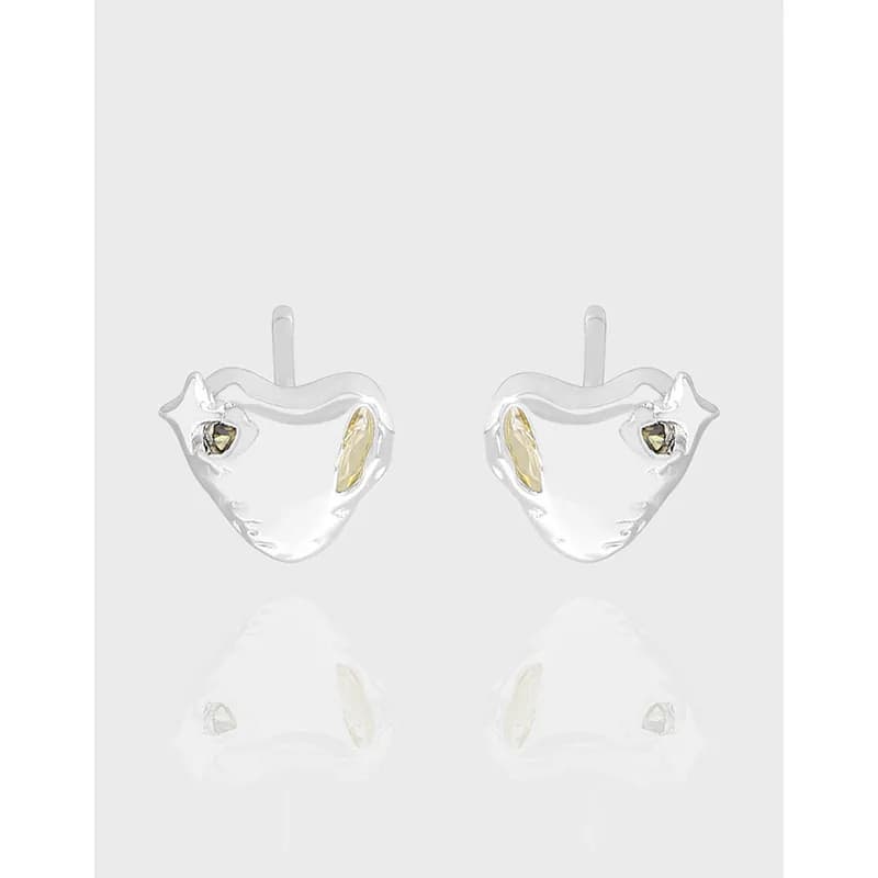 Polished sterling silver heart-shaped stud earrings with a small gemstone accent.