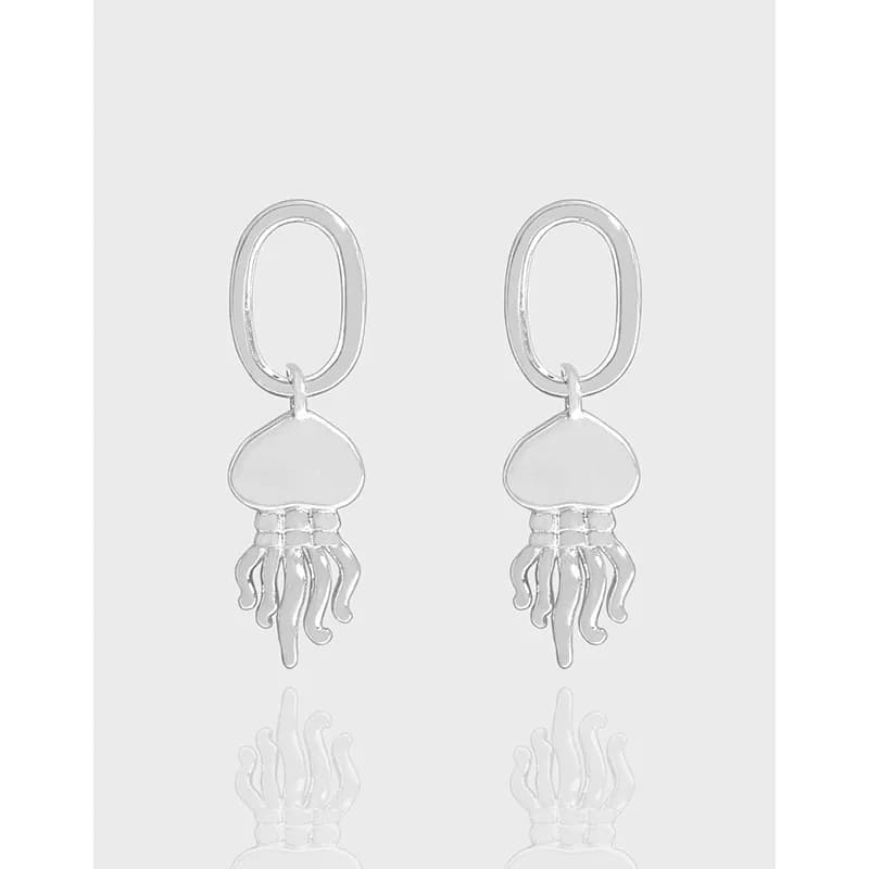 Sterling silver jellyfish drop earrings with an oval hoop and tentacle charm