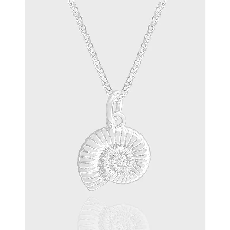 Sterling silver Nautilus shell pendant on a polished chain necklace.