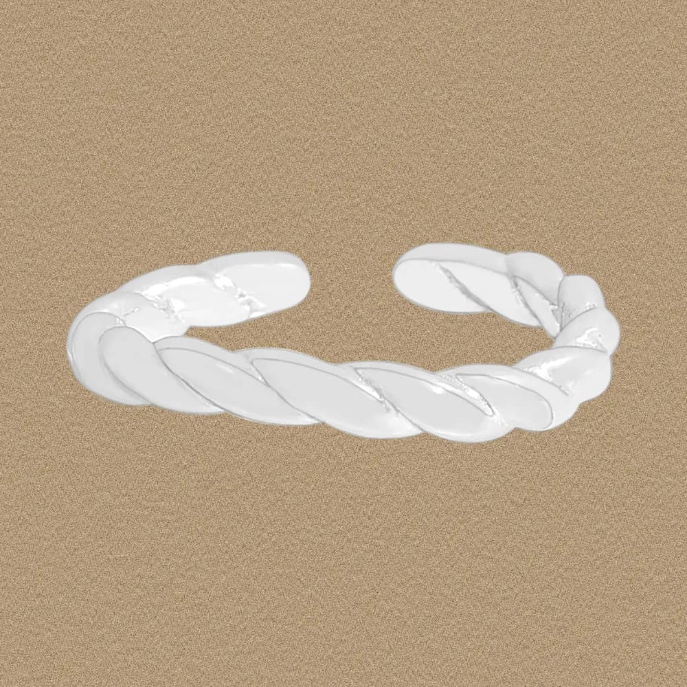 Open-ended sterling silver twisted rope ring with a polished surface set against a neutral background.