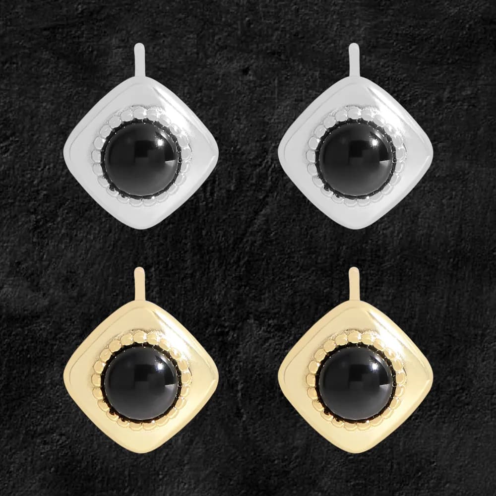 Polished square halo stud earrings with black center stone and beaded halo detail