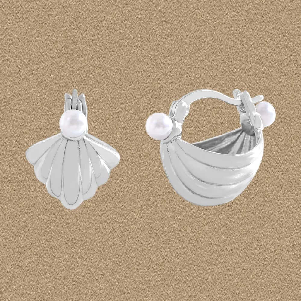 Polished Sterling Silver Shell Fan Earrings with Pearl Accents