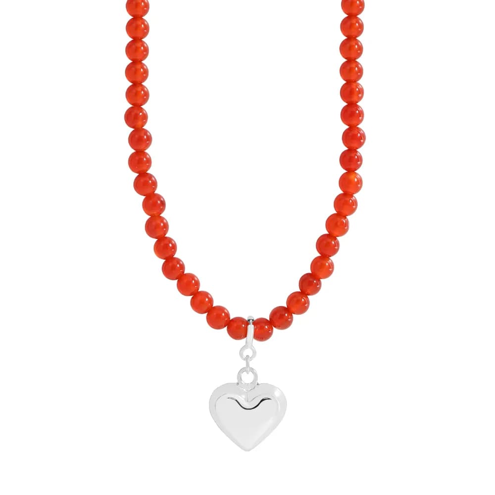 Red Bead Heart Necklace in Silver — Sterling silver