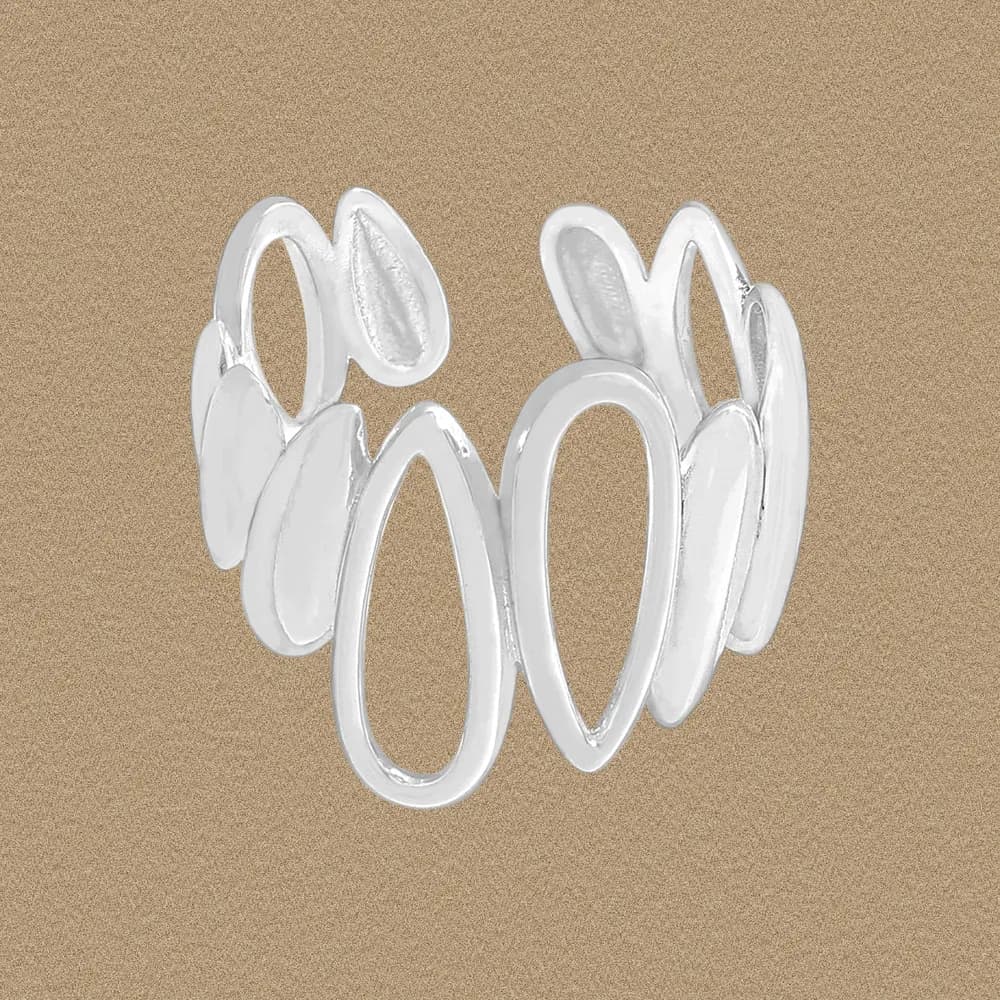 Polished sterling silver ring with interlocking oval links forming a sculptural band