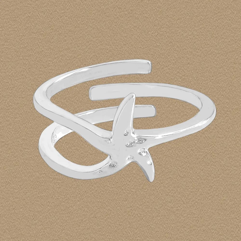 Polished sterling silver open double-band ring with a starfish charm.
