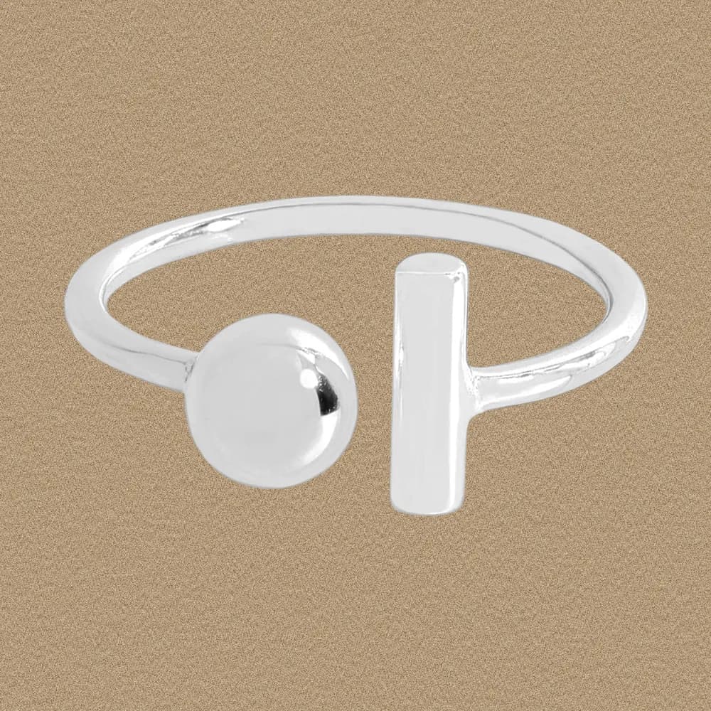 Polished sterling silver open-ring with a round ball on one side and a vertical bar on the other.