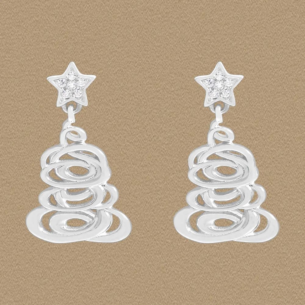 Polished sterling silver star studs with crystal centers and cascading spiral drops