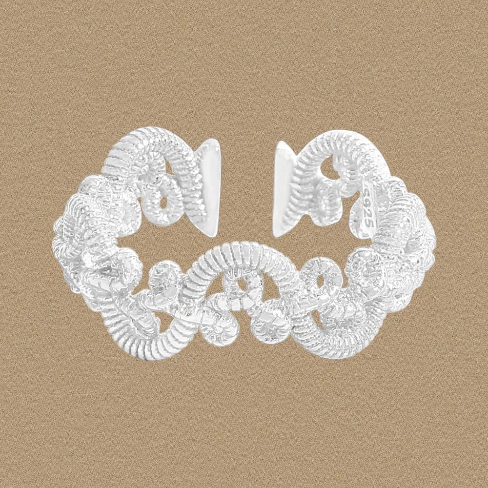 Close-up of a polished sterling silver coiled rope ring with intricate circular links
